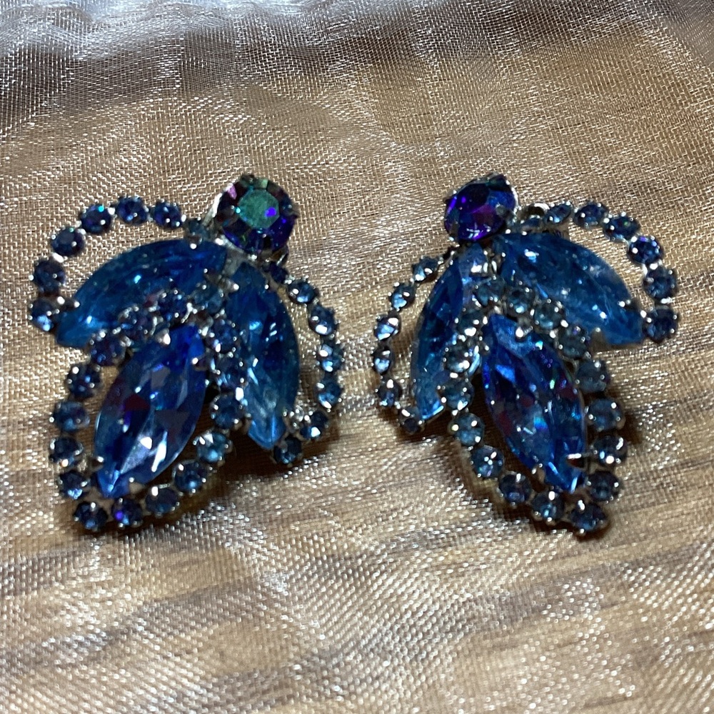 Rhinestone Bug Shape Clip Earrings Albert Weiss Blue Cabochons Crystal Vintage